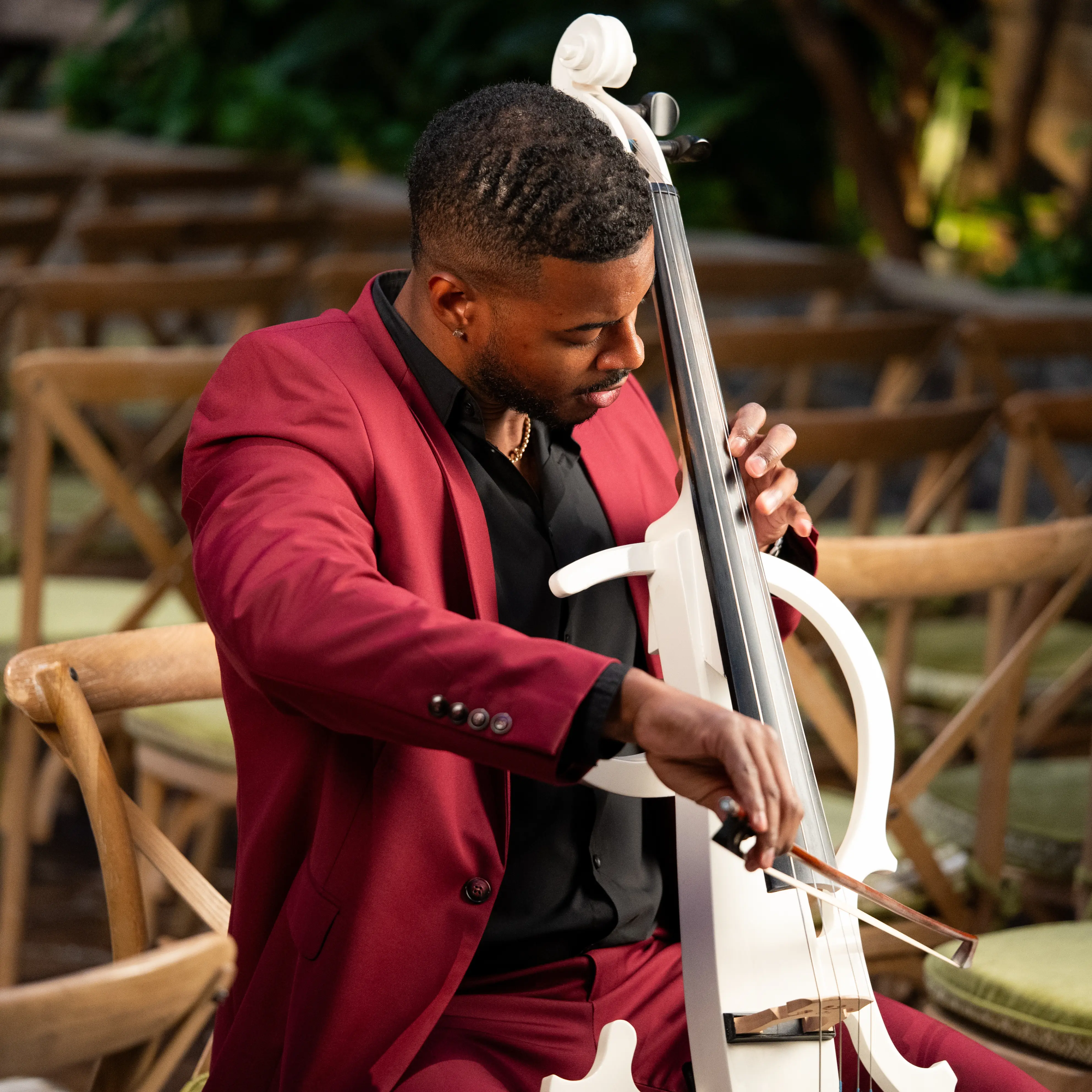 Close up of a cello being played
